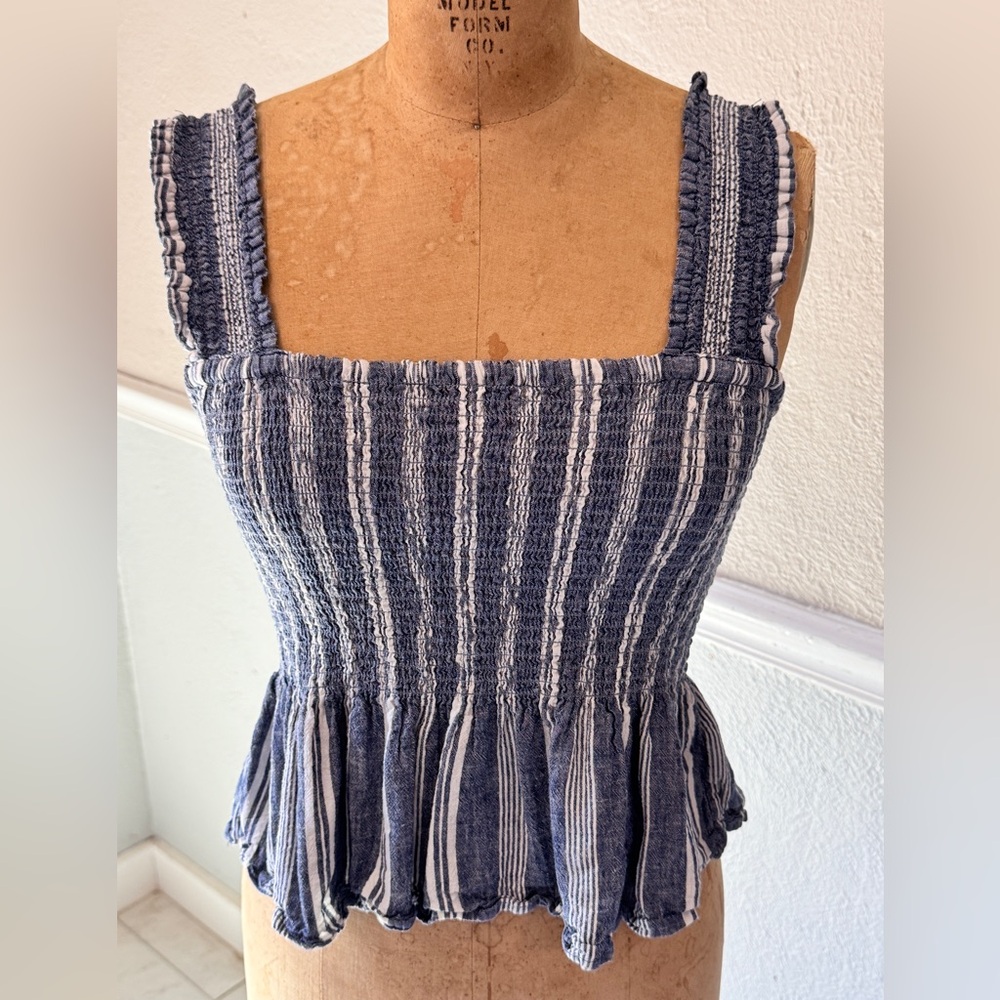 Anthropologie Navy and White Striped Smocked Tank Top